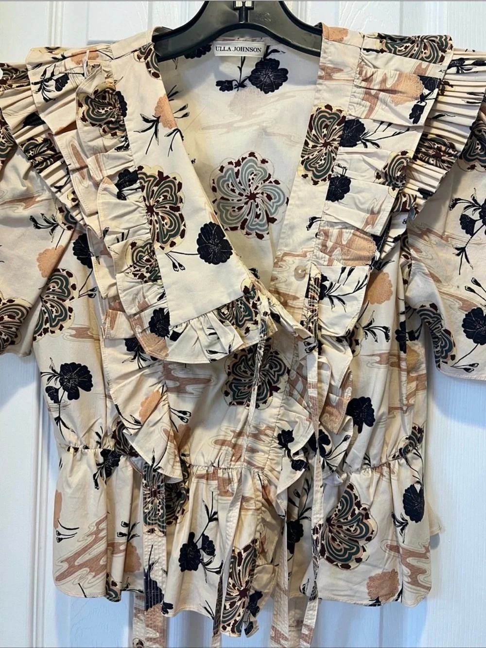 Floral Ruffle Wrap Blouse in Cream and Black - Women's Top